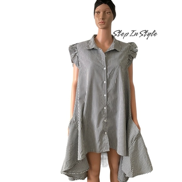 Step In Style Dresses & Skirts - Step In Style Black & White Gingham High-Low Shirt Dress